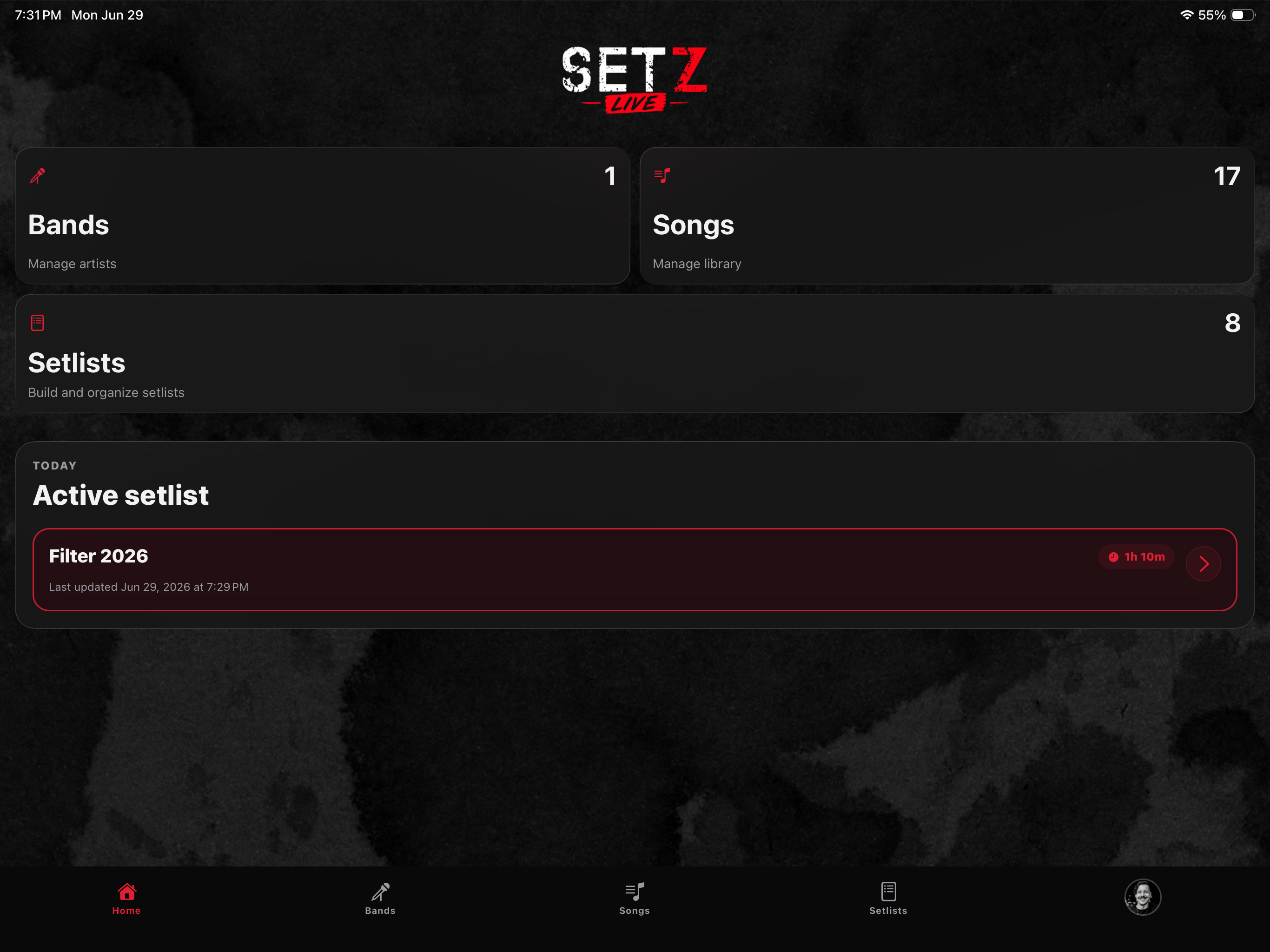 Setz Live dashboard on iPad with bands, songs, setlists, and active setlist