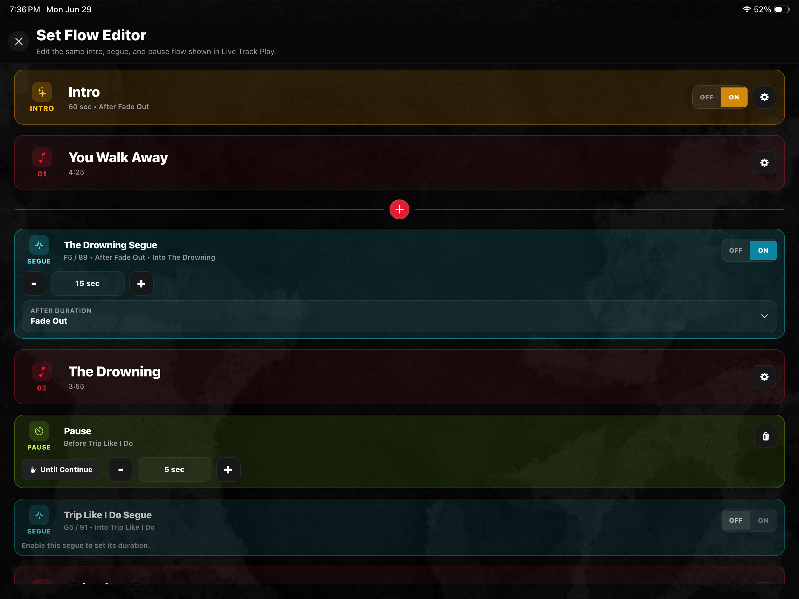Setz Live set flow editor on iPad with intro, song, segue, and pause controls