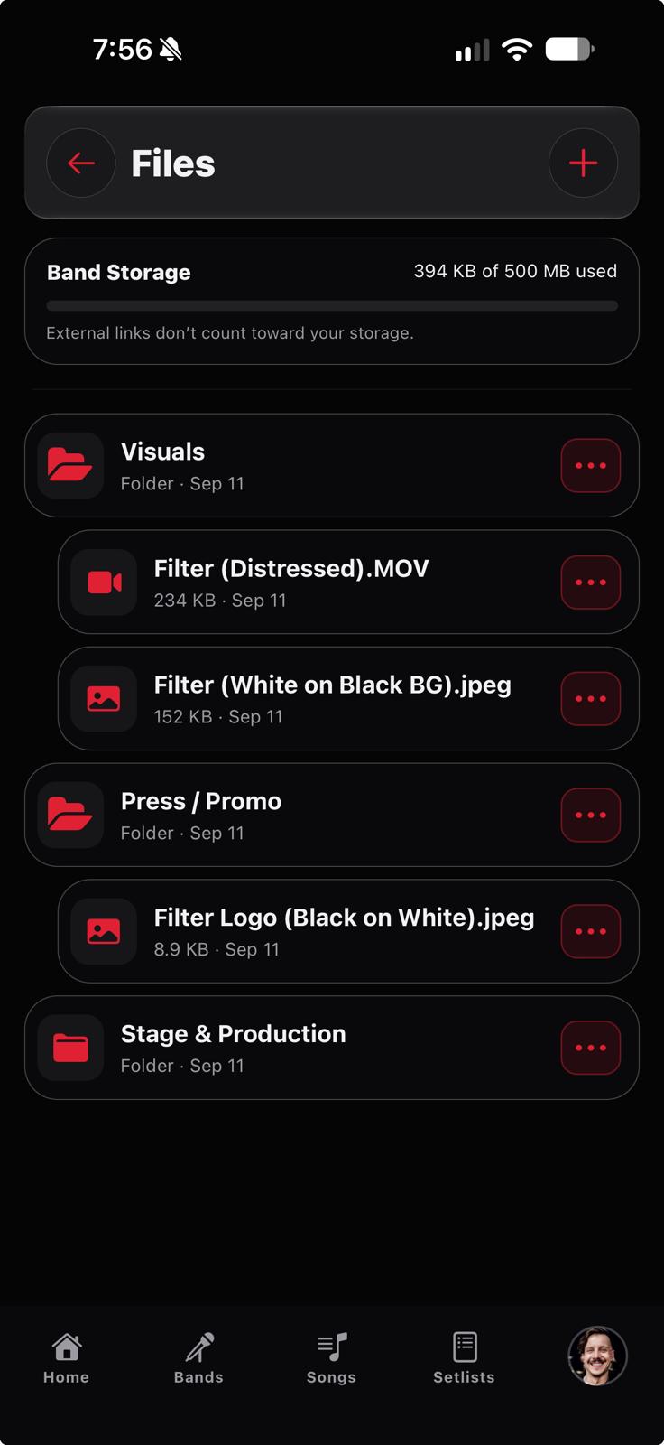 Band Files in Setz showing shared artwork, audio, video, links, and a notification inbox